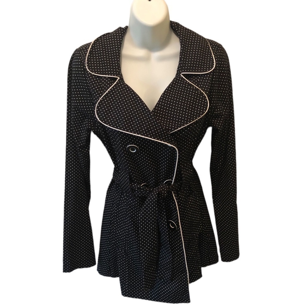 Maurices Black White Polka Dot Stretch Belted Trench Coat Double Breasted Sz. M